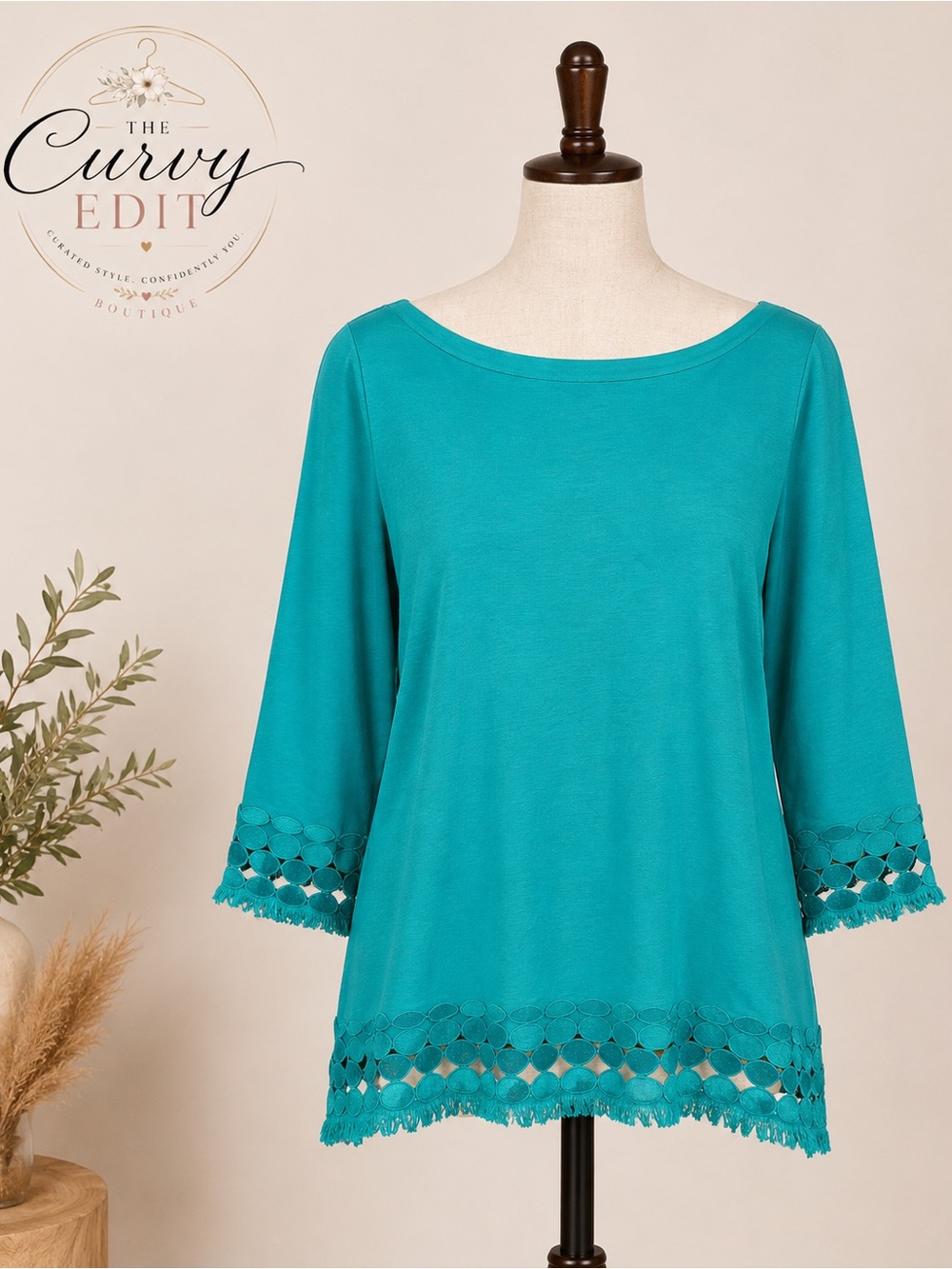 Talbots Large Turquoise Pima Cotton Lace Trim 3/4 Sleeve Top Teal Casual Chic